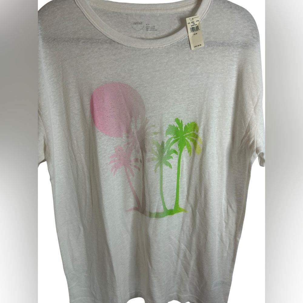 Aerie Breezy Boyfriend White Palm Tree T-Shirt Linen blend Neon Womens Med NWT - Picture 7 of 12
